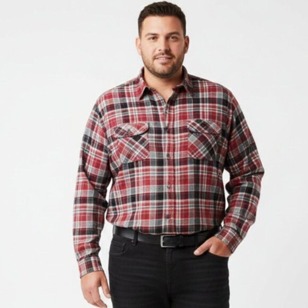 RedHead Men's Black White Red Flannel Long Sleeve Button Checks Plaid Shirt 2XLT